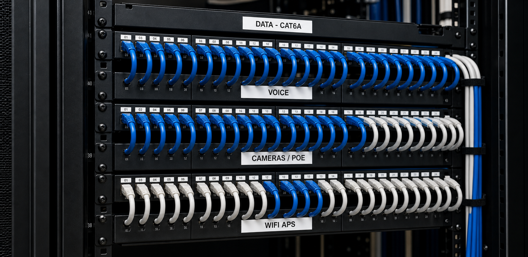 Labeled network rack with blue and white structured cabling