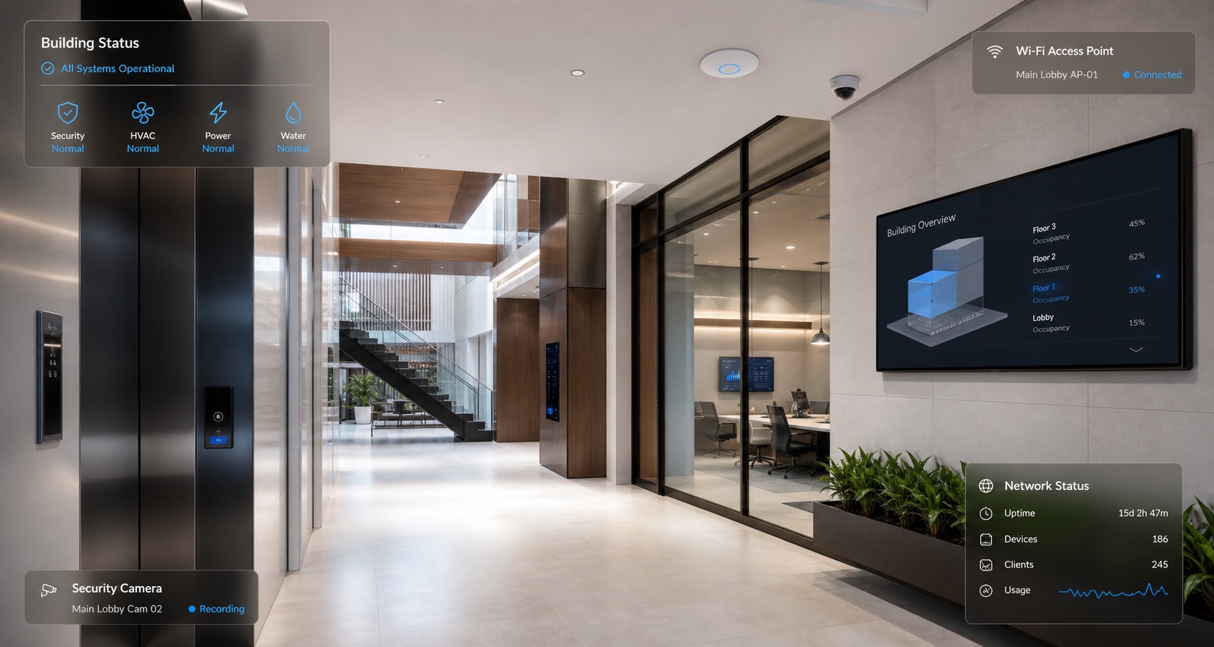 Modern lobby with discreet connected building technology including access, Wi-Fi, signage, and security systems.